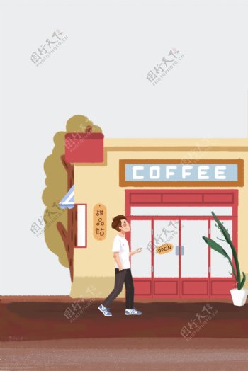 初春城市街道甜品店插画海报