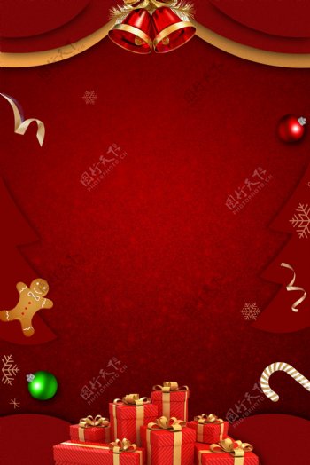 圣诞节折纸风红色铃铛礼物海报