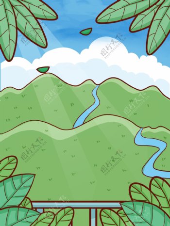 手绘春季山坡绿叶背景设计