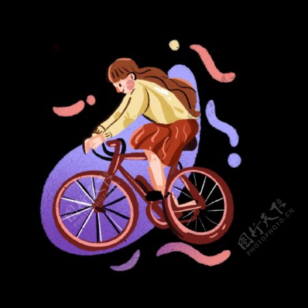 骑自行车的女孩手绘插画风png免抠素材