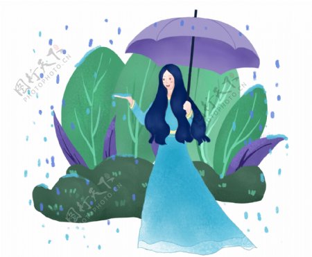 清明节接雨的女孩插画