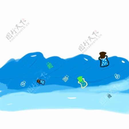 小清新蓝色海洋漂流瓶卡通手绘插画