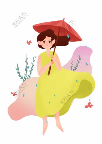 穿黄裙子撑伞的女孩插画