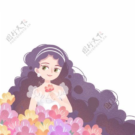 在花丛中的漂亮紫色头发女孩