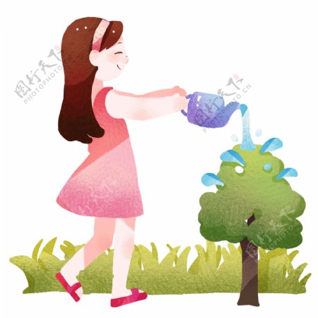 植树节给树木浇水的小女孩插画