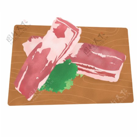 手绘放在菜板上的新鲜生猪肉元素