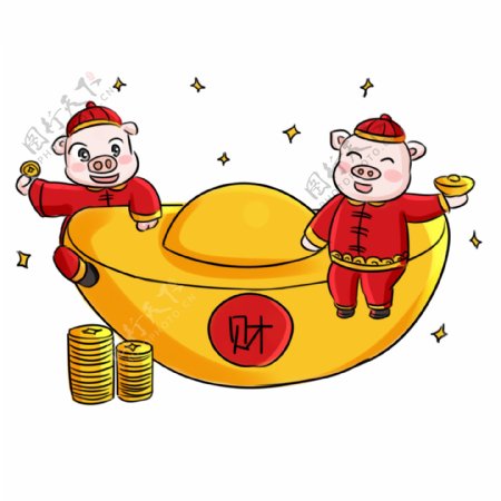 2019猪年新年祝福系列卡通手绘Q版金元宝