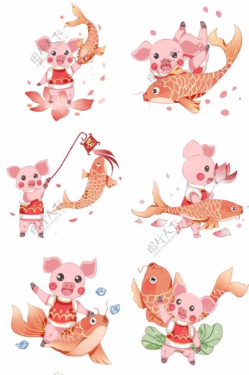 手绘粉色的小猪插画