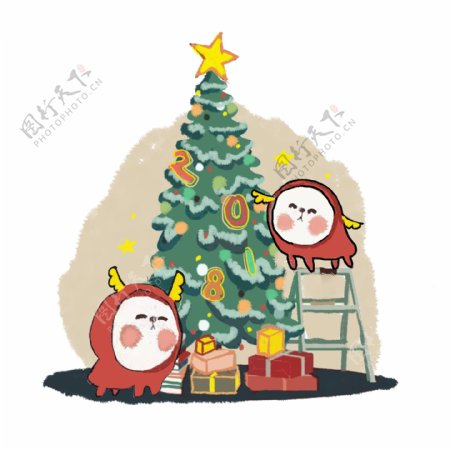 圣诞可爱麋鹿圣诞树礼物2018平安夜祝福PNG