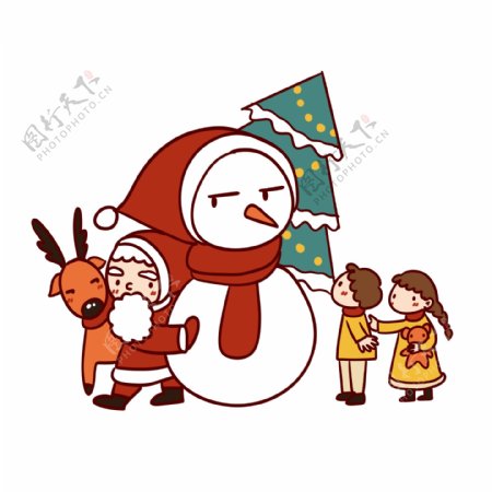 手绘卡通可爱圣诞节圣诞老人与小孩子