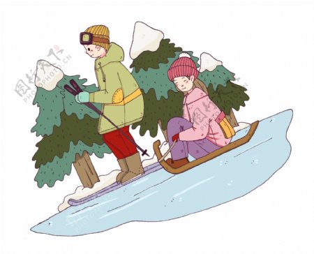 冬季旅行滑雪插画