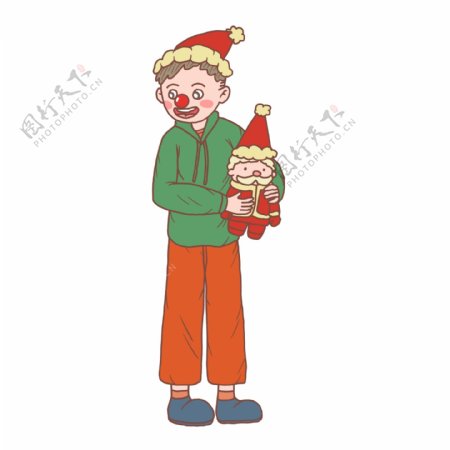 圣诞节卡通手绘拿布娃娃和男孩
