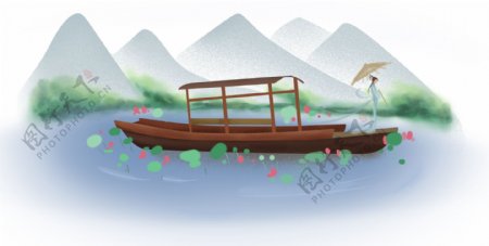 中国风游湖的古代少女