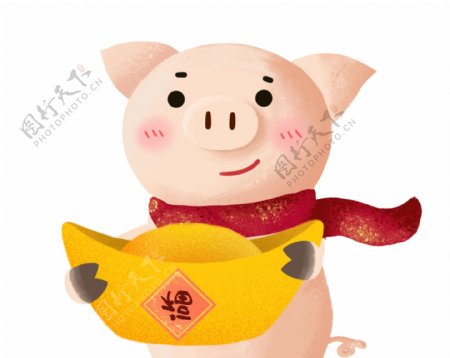 猪形象与金元宝喜庆插画