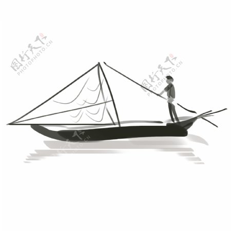 手绘渔船人物插画