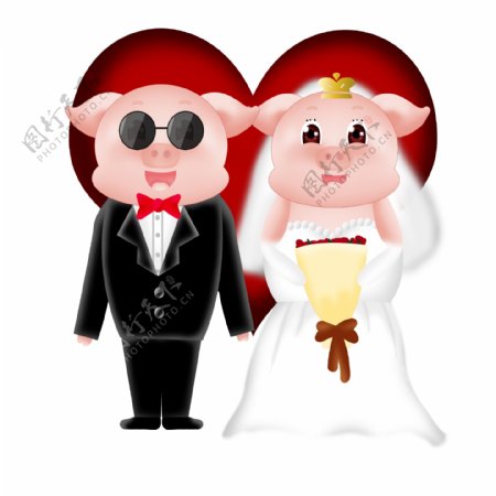 猪年夫妻新年结婚喜庆贺卡封面插画猪年情人节