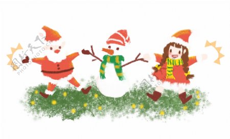 卡通手绘圣诞节圣诞老人雪人女孩草地手拉手快乐玩耍