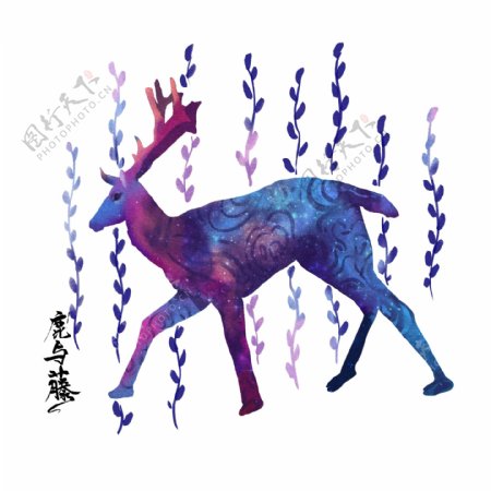 手绘水彩插图鹿与藤藤紫