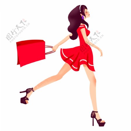 双十一购物节时尚插画红色的购物女郎