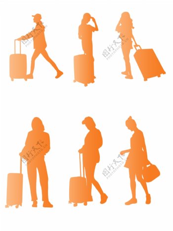 简约风手拿行李箱的女性橙色人物剪影元素