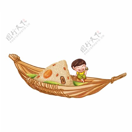 卡通手绘端午节粽子和吃粽子的小孩插画设计