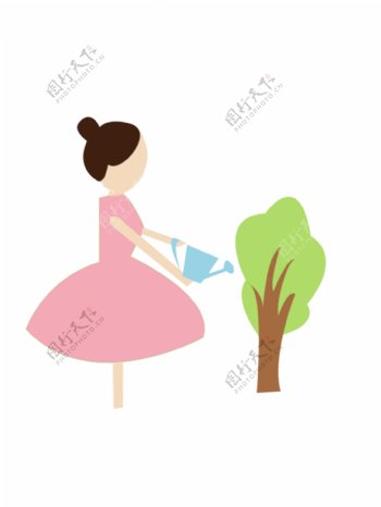 植树节小女孩给树浇水的素材