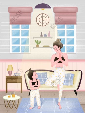 原创插画温馨母亲节母女瑜伽背景设计
