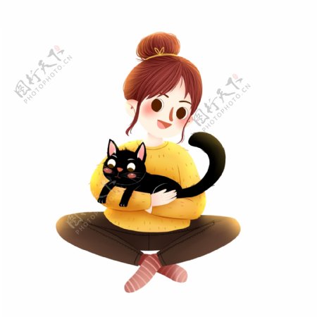 卡通可爱抱着猫咪的少女设计