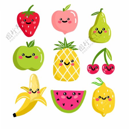 手绘水果矢量草莓苹果香蕉可爱菠萝西瓜