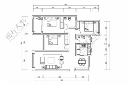 三房住宅室内CAD平面方案