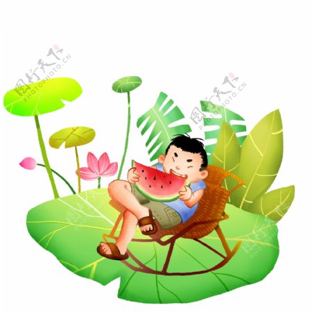 夏天吃西瓜的男孩手绘清新夏季设计元素