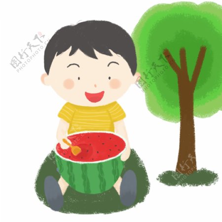 可爱卡通儿童形象男孩吃西瓜