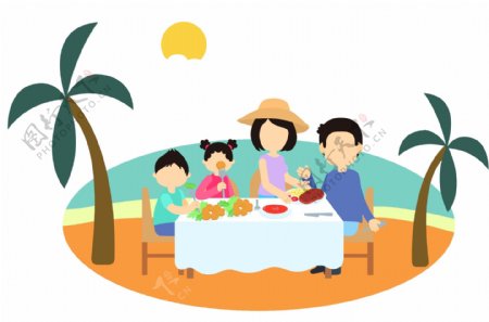 卡通风格家庭海边聚餐元素