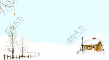 蓝色浪漫手绘房屋雪景背景