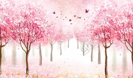 粉色樱花树立体电视背景墙