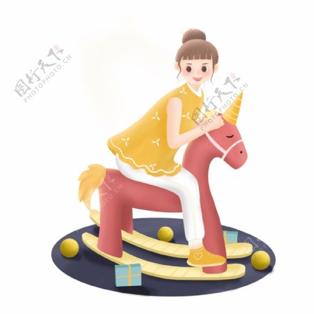 小清新骑着木马的女孩子插画设计