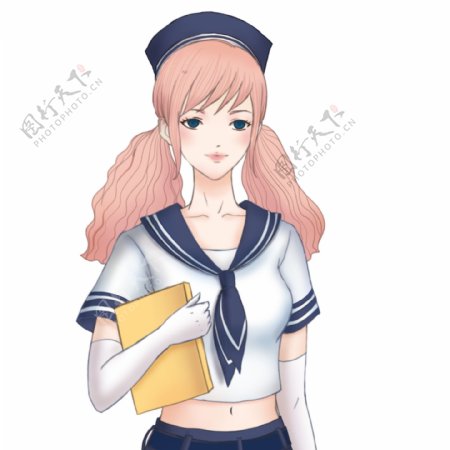 手绘穿着水手服的女孩插画设计
