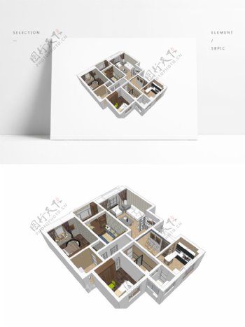 三房户型住宅草图全景模型