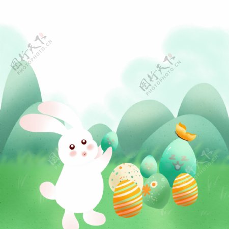 可爱兔子彩色鸡蛋装饰元素