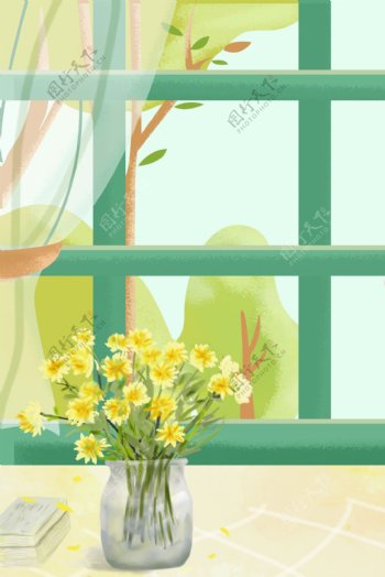五月窗台花束背景图片