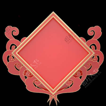 C4D红色福字方形背景框