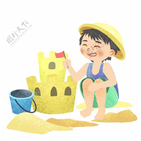 小男孩在沙滩堆城堡