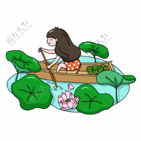 卡通女孩划船