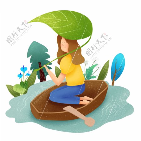 划船的小女孩插画