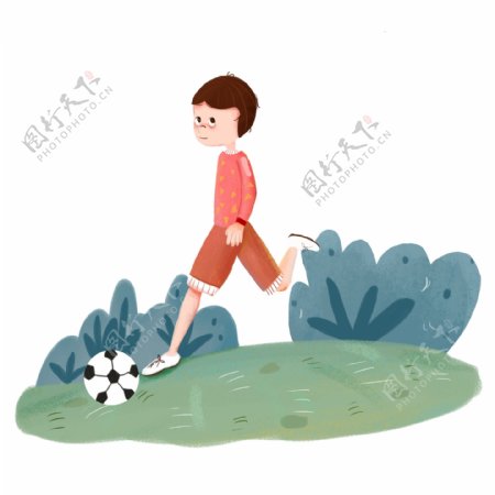 手绘风格运动踢足球少年