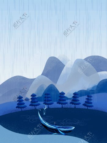 蓝色远山树林池塘下雨背景素材