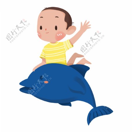 手绘卡通骑鲸鱼的男孩png元素