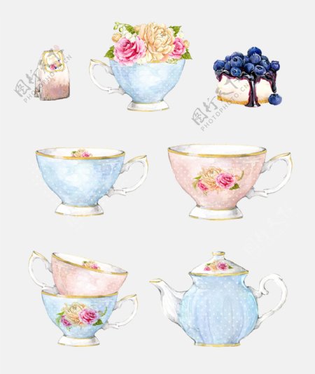 玫瑰茶壶下午茶唯美手绘水彩