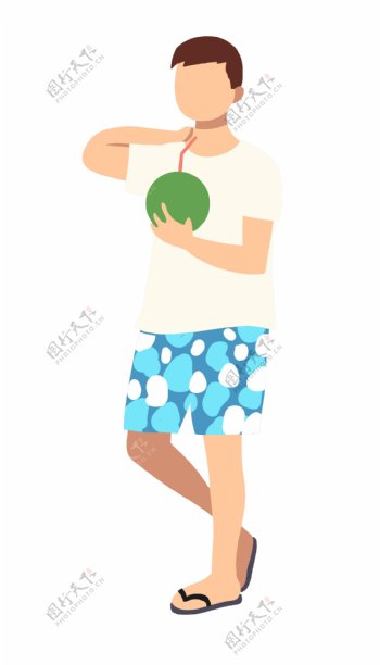 夏季喝椰子汁男孩
