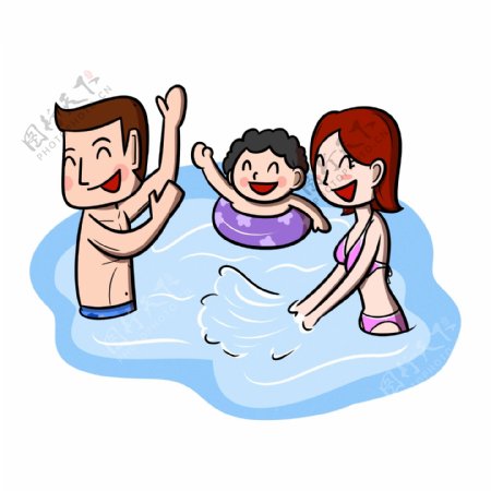 卡通夏季全家人游泳玩耍嬉戏png透明底